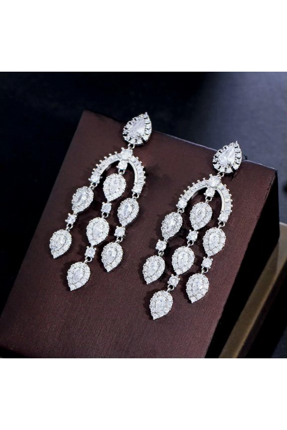 White Gold Plated Cubic Zirconia Long Dangle Fringe Dancing Party Drop Earrings