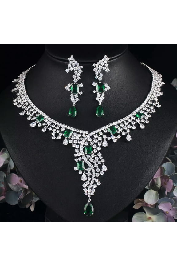 White Gold Plated Green CZ Cluster Drop Necklace Jewelry Set for Brides Costume