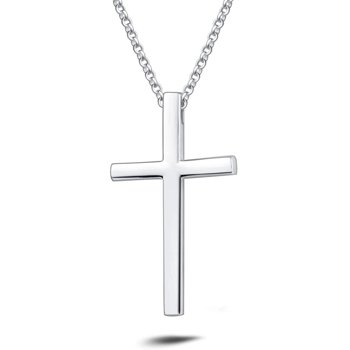 White Gold Plated High Polished Solid Sterling Silver Large Heavy Mens Cross Crucifix Pendant Necklace Chain Jewelry For Men, With 24 Inch Strong Solid Silver Rolo Chain (Large Size)