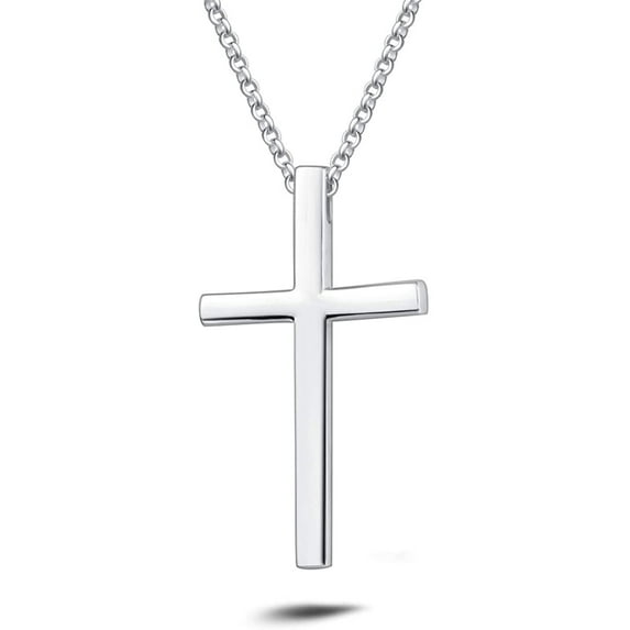 White Gold Plated High Polished Solid Sterling Silver Large Heavy Mens Cross Crucifix Pendant Necklace Chain Jewelry For Men, With 24 Inch Strong Solid Silver Rolo Chain (Large Size)