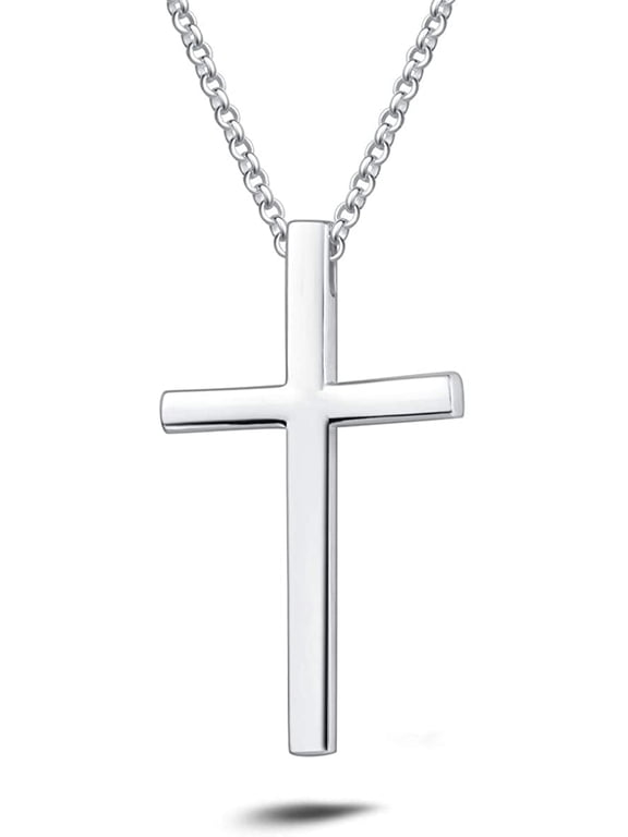 Sterling Silver Large Cross Pendant Necklace for Men, White Gold Plated with 24" Rolo Chain