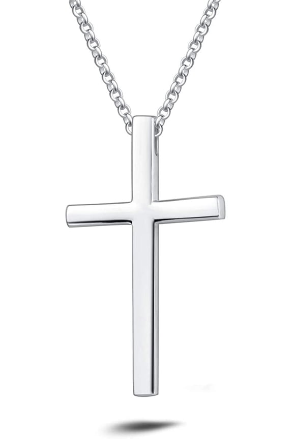 White Gold Plated High Polished Solid Sterling Silver Large Heavy Mens Cross Crucifix Pendant Necklace Chain Jewelry For Men, With 24 Inch Strong Solid Silver Rolo Chain (Large Size)