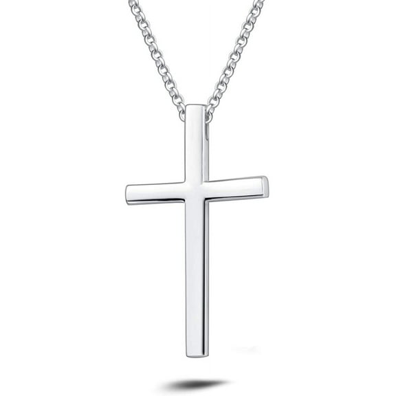 White Gold Plated High Polished Solid Sterling Silver Medium Mens Cross Crucifix Pendant Necklace Chain Jewelry Valentines Day Gifts for Him Men, With 24 INCH Rolo Chain (Medium Size)