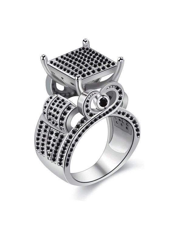 White Gold Plated Hip Hop Iced Out Square Bling Ring Cubic Zirconia Statement Wedding Band Ring for Women (Silver Color, Black CZ, Size 9)