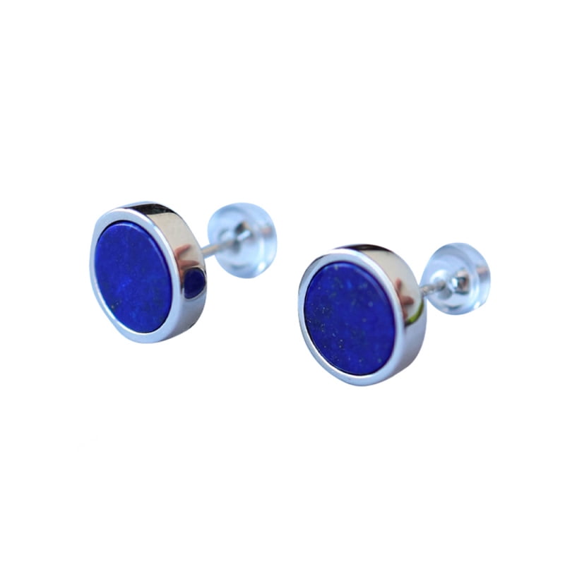 White Gold Plated Lapis Lazuli Stud Earrings – Round Natural Blue Gemstone, Hypoallergenic Minimalist Geometric Jewelry for Women & Men with RTT Jewelry Box