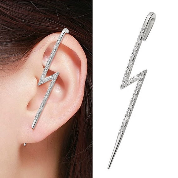 White Gold Plated Micro Pave Lightning Bolt Ear Cuff Earring