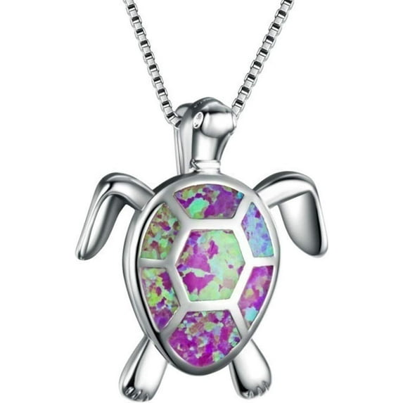 White Gold Plated Simulated Opal Small Turtle Pendant Statement Necklace