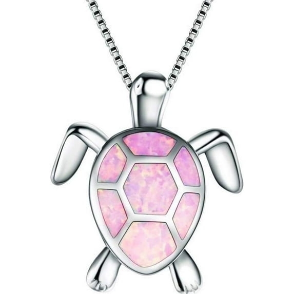 White Gold Plated Simulated Opal Small Turtle Pendant Statement Necklace