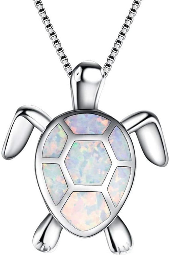 White Gold Plated Simulated Opal Small Turtle Pendant Statement Necklace