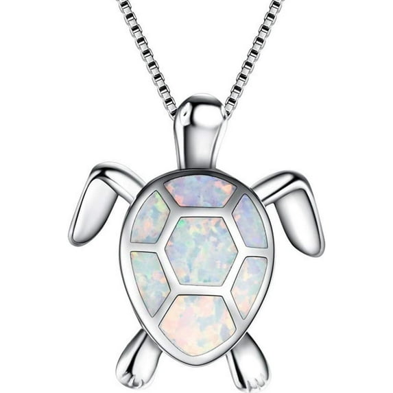 White Gold Plated Simulated Opal Small Turtle Pendant Statement Necklace