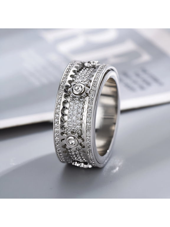 White Gold Plated Spinner Ring, Mechanical Gear Fidget Band with Cubic Zirconia, Anxiety Relief Jewelry for Daily Wear, Unique Gift for Him Her