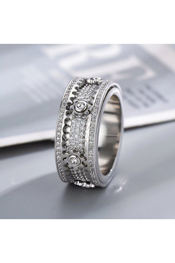 White Gold Plated Spinner Ring, Mechanical Gear Fidget Band with Cubic Zirconia, Anxiety Relief Jewelry for Daily Wear, Unique Gift for Him Her