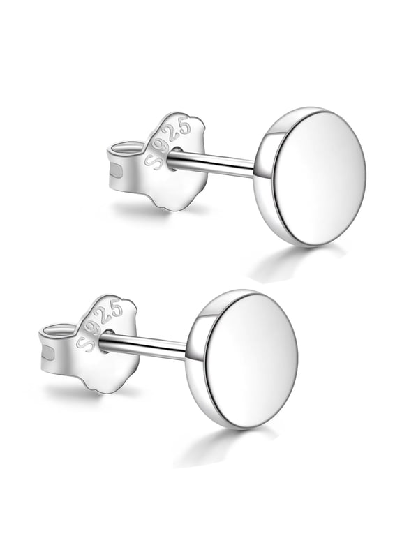 White Gold Plated Sterling Silver Dot Stud Earrings 5mm, Flat Round Disc Studs Hypoallergenic Jewelry