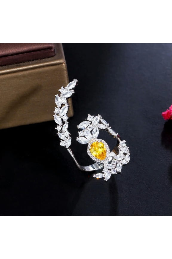 White Gold Plated Yellow CZ Crystal Big Cocktail Party Open Ring Fashion Jewelry