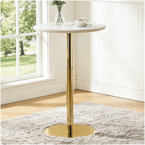 White Gold Pub Table, Round Sintered Stone Counter Table with Metal Legs for Home Bar and Patio Furniture