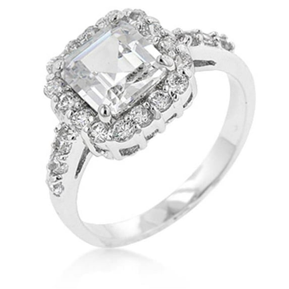 White Gold Rhodium Anniversary Style CZ Showcase Ring featuring Princess Cut Center CZ with Pave Round CZ Trim - Size 9