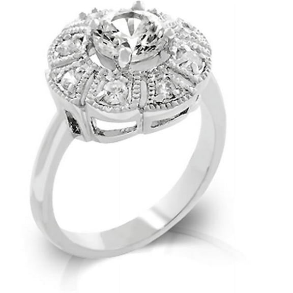 White Gold Rhodium Antique Milligrain Style Ring featuring CZ Cluster with Round CZ Center Stone - Size 8