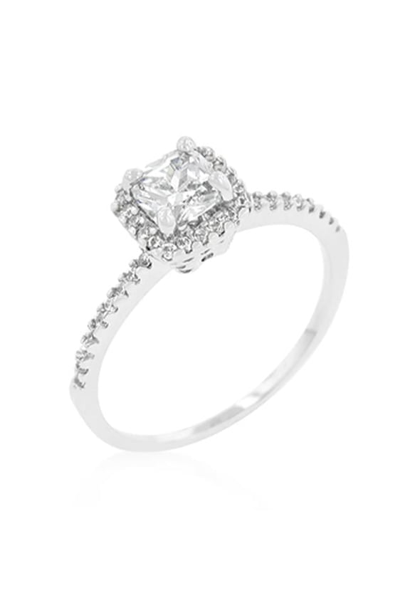 White Gold Rhodium Halo Engagement Ring with Princess Cut Cubic Zirconia Center Stone and Round Cut Cubic Zirconia Accented Halo in Silvertone - Size 8