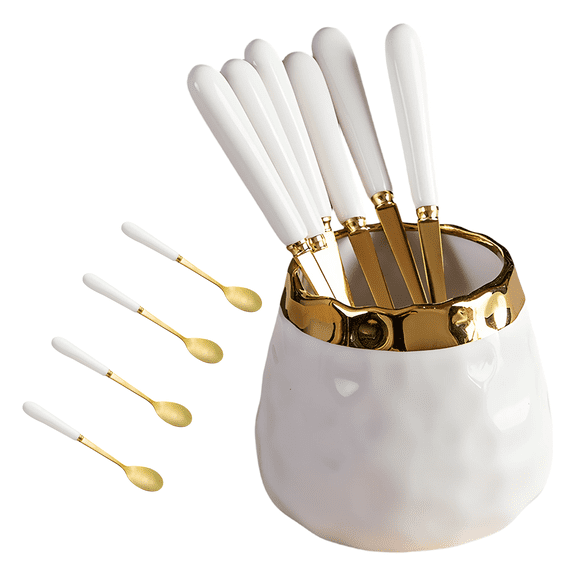 White Gold-Rimmed Ceramic Jar,Including 11 Pcs Small Spoon and Fork Set with Holder,6 Fruit Forks, 4 Gold Ceramic Dessert Spoons with Handles,Stainless Steel Dessert Flatware Set