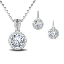 White Gold Round Cubic Zirconia Jewelry Set, Sparkling Pendant Necklace and Earrings Gift Set for Women