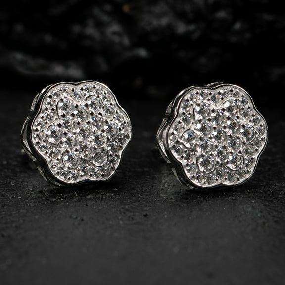 White Gold Sterling Silver Snow Flake Flower Set Cluster Stud Hip Hop Screw Back Earrings