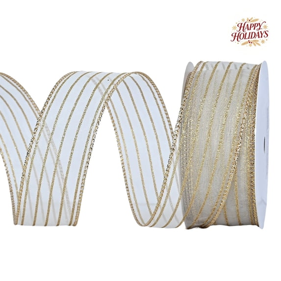 White/Gold Striped Cloth Christmas Ribbon, 10 Yards x 2.48 Inches, Wired Edge, for Gift Wrapping, Wreath, Tree Decor