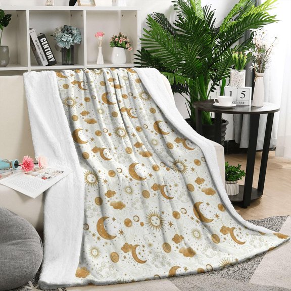 White Gold Sun Moon Cloud Pattern Blanket,Comfortable Soft Flannel Throw Blanket,All Season,Warm Lightweight Blankets for Sofa Bed Couch Living Room Chair,50"x60"