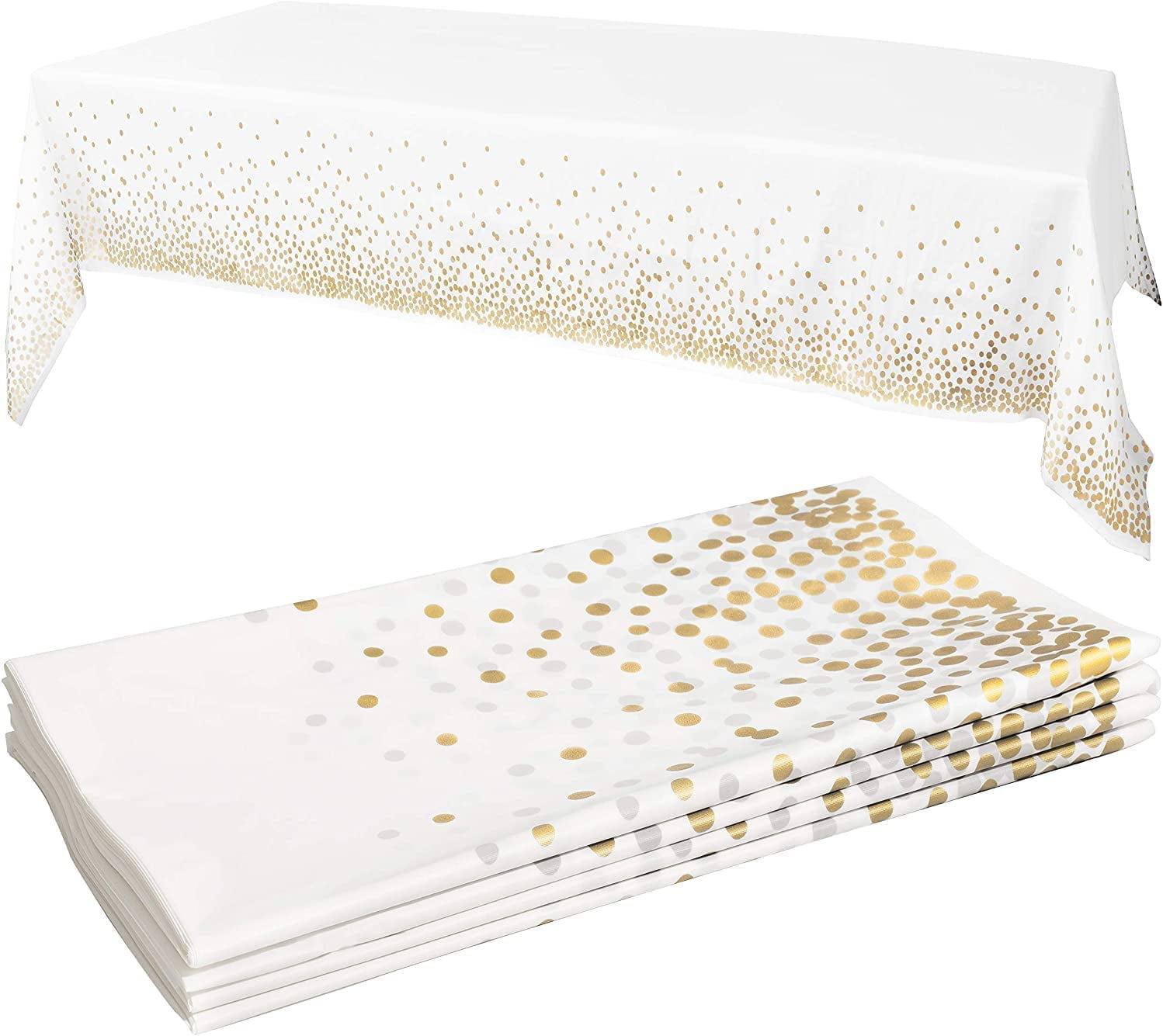 Elegant White and Gold Dot Plastic Rectangular Tablecloths, 4-Pack