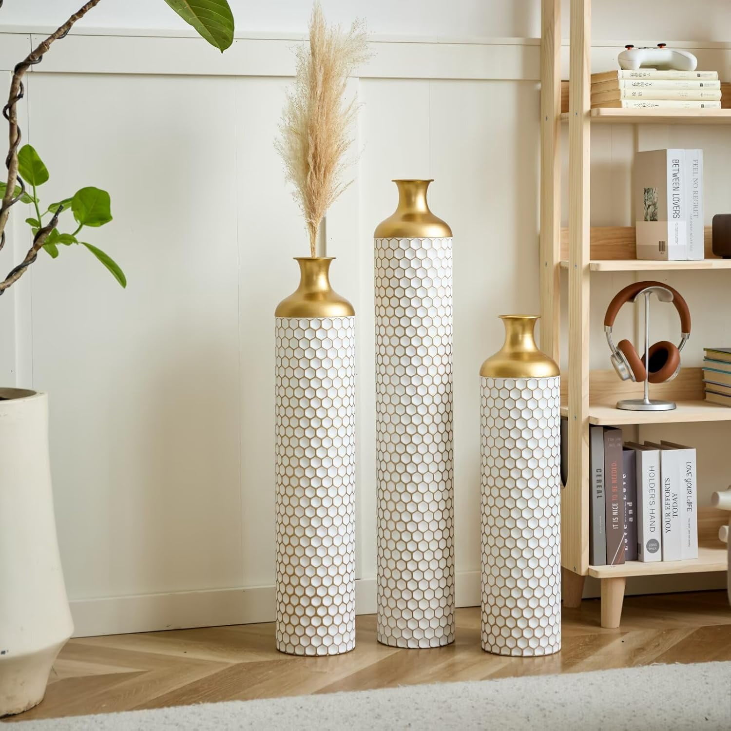 White Gold Tall Vases for Floor Set of 3, Large Floor Vase for Decor ...