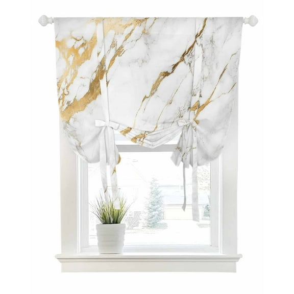 White Gold Tie Up Curtains for Window, Thermal Insulated Balloon Shade Adjustable Rod Pocket Curtains Valance Panels for Kitchen Bathroom Cafe 52 x 63 Modern Abstract Marble Geometric