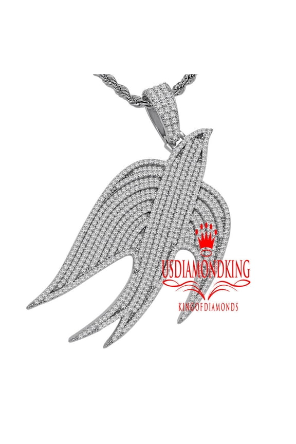White Gold Tone Lab Diamond Eagle Flying Bird Spread Wing Pendant Charm + Chain