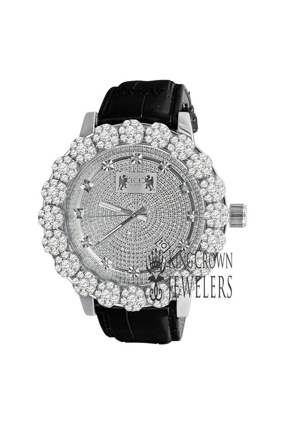White Gold Tone Real Diamond Dial Watch Flower Bezel Mens Stainless Steel Khronos Genuine Leather Strap Band W/Date