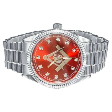 White Gold Tone Red Dial Solid Stainless Steel Back Silver Dial 40mm Freemason G Compass Masonic Metal Band Wrist Watch