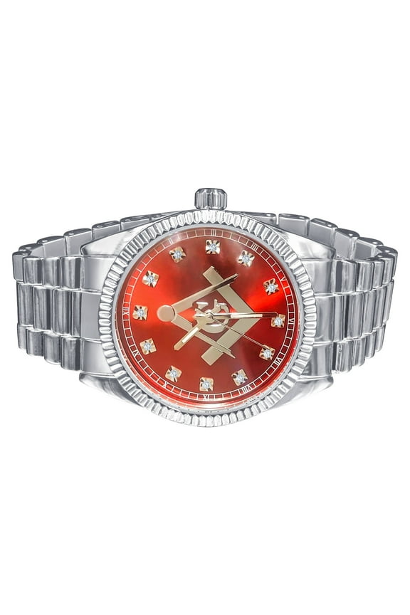 White Gold Tone Red Dial Solid Stainless Steel Back Silver Dial 40mm Freemason G Compass Masonic Metal Band Wrist Watch