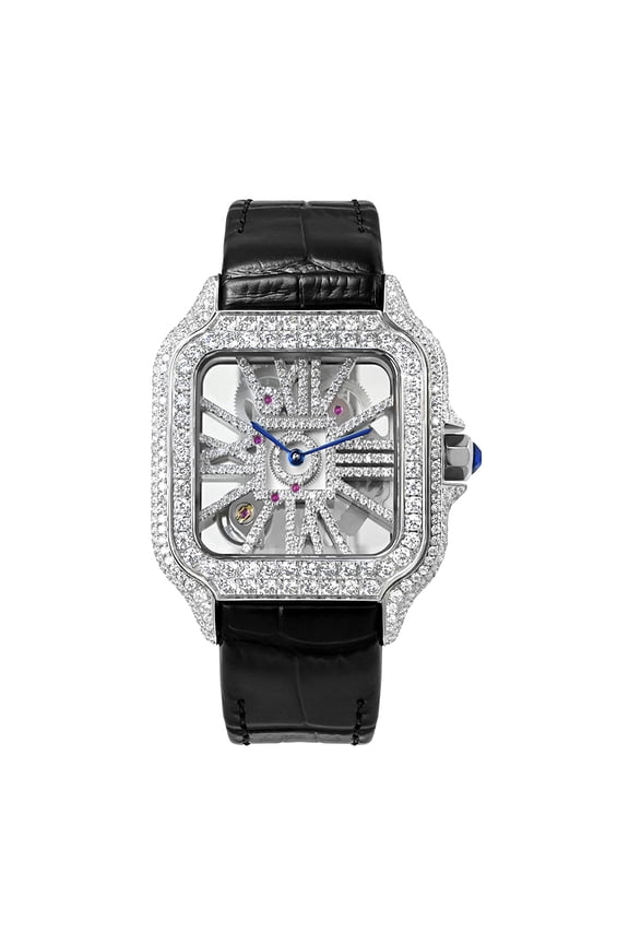 White Gold Tone Square Men Iced Out Watch, 6.72 CT 679 Pcs VVS Moissanite, Swiss Ronda 1042 Quartz Sapphire Crystal Hip Hop Wrist Watch with Genuine Leather Strap