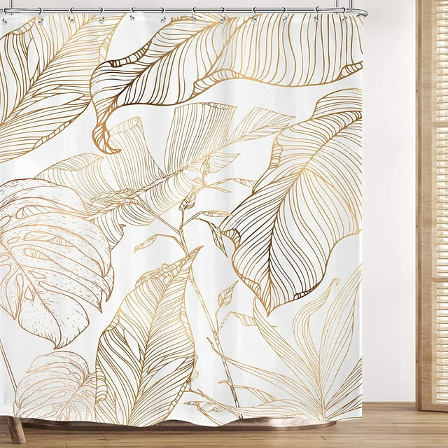 White Gold Tropical Leaves Shower Curtain 72Wx72H Inch Banana Leaf Palm Tree Bathroom Set