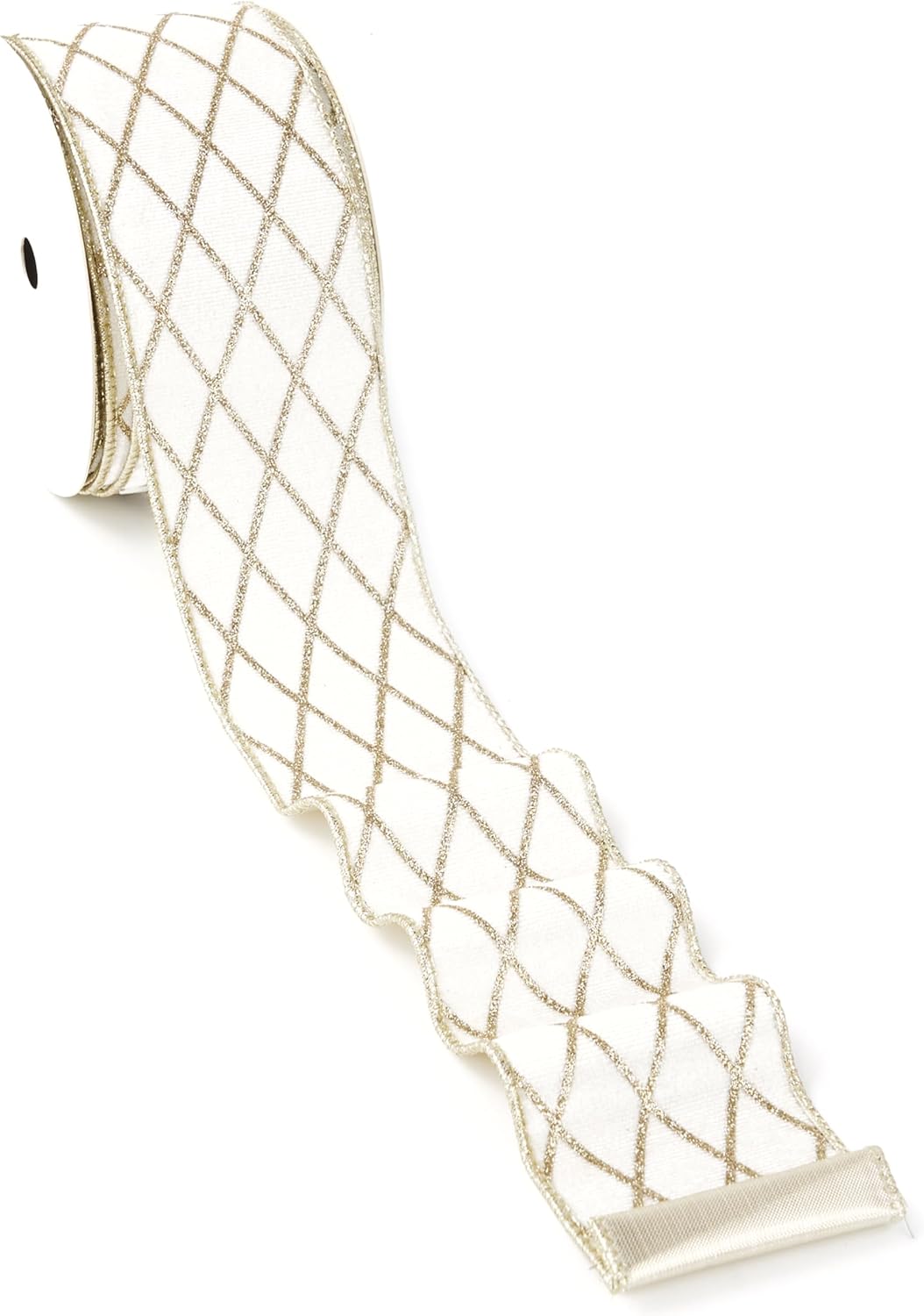 White and Gold Velvet Wired Ribbon 2.5 Inch Metallic Diamond Glitter ...