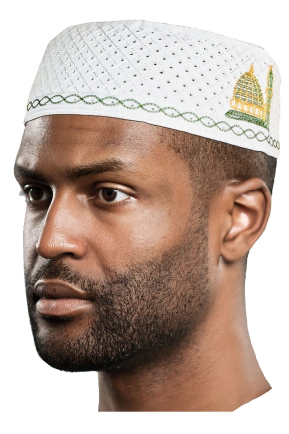 White, Gold and Green Kofia Hat African Embroidered Kufi Cap