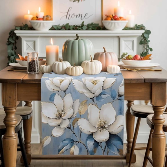 White Golden Floral Cotton Linen Table Runner, Washable Table Runners for Kitchen, Dining Room, Holiday, Home Party Table Decor, 13x90 Inches