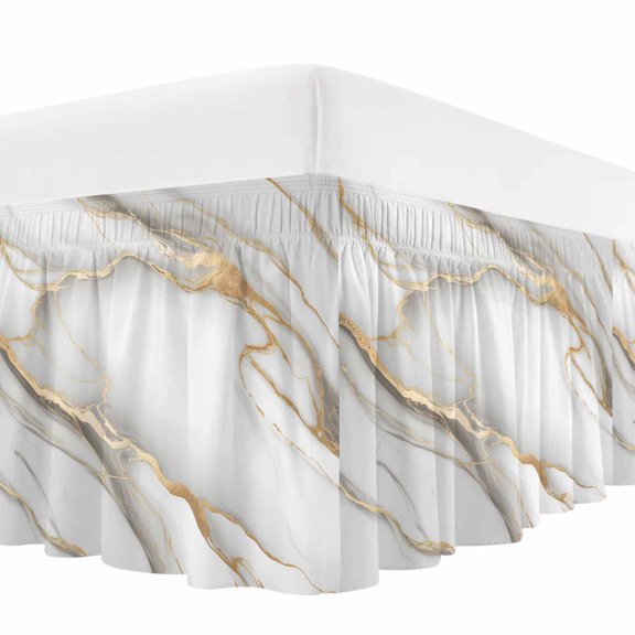 White Golden Marble Bed Skirt Cal King Size,Modern Abstract Art Marble Flow Wrap Around Bed Skirting with Adjustable Elastic Strap,Dust Ruffled Pleated Bedskirts 18 Inch Drop for Bedroom Beds