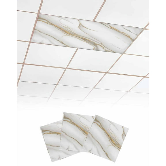 White Golden Marble Fluorescent Light Covers for Ceiling Lights 4x2 feet,3 Pack Magnetic Light Filters for Classroom,Modern Abstract Art Marble Crack Fluorescent Light Shade Panel for Office School
