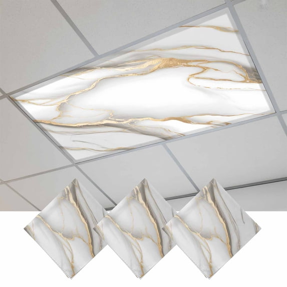 White Golden Marble Fluorescent Light Covers, Modern Abstract Art Marble Magnetic Light Covers for Ceiling Lights, Fluorescent Ceiling Shade Filters for Classroom Bedroom Office 4x2Ft x 3PCS
