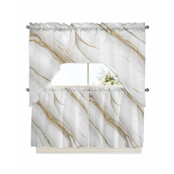 White Golden Marble Kitchen Curtain and Valance Set 3 Pieces,Rod Pocket Short Tier Curtains 24 Inch Length,Modern Abstract Art Marble Crack Swag Topper Small Window Treatment for Cafe Bathroom