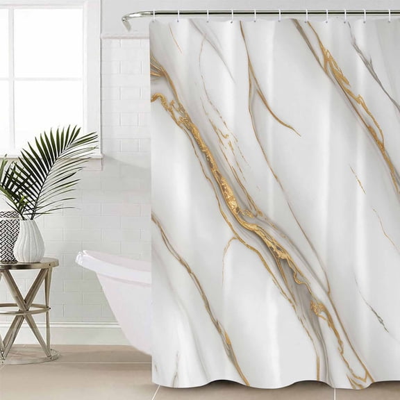 White Golden Marble Long Shower Curtain Set, Waterproof Shower Curtains for Bathroom, Modern Abstract Art Marble Crack Washable Fabric Cloth Bath Curtain for Bathtub with Hooks 72x84 Inches