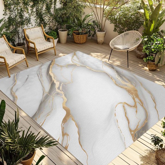 White Golden Marble Outdoor Rug 4x6 Ft - Reversible Patio Rug Outdoor Camping Rugs, Modern Abstract Art Marble Flow Washable Indoor Outdoor Area Rugs, Non-Slip Outdoor Carpet Runner for Deck/Porch