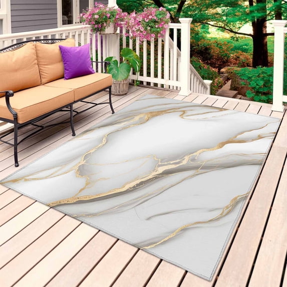 White Golden Marble Outdoor Rug for Patio/Deck/Porch, Non-Slip Large Area Rug 5 x 7 Ft, Modern Abstract Art Marble Flow Indoor Outdoor Rugs Washable Area Rugs, Reversible Camping Rug Carpet Runner