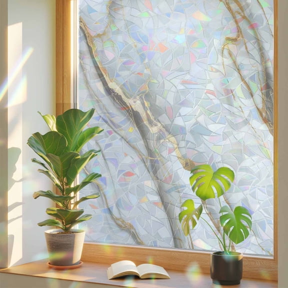 White Golden Marble Privacy Window Film, Decorative Stained Glass Window Film, Modern Abstract Art Marble Flow Resuable Rainbow Static Cling for Home Bathroom Living Room Glass Door 17.7"x39.3"