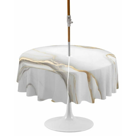 White Golden Marble Round Outdoor Tablecloth, Waterproof Table Cloth Cover with Umbrella Hole and Zipper, Modern Abstract Art Marble Table Protector for Patio Party Picnic 60" Round