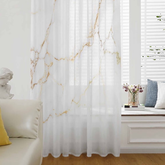 White Golden Marble Sheer Curtains 45 Inches Long for Living Room/Bedroom, Modern Abstract Art Elegant Rod Pocket Voile Kitchen Curtains & Drapes Window Treatment 1 Panel, 52"W x 45"L