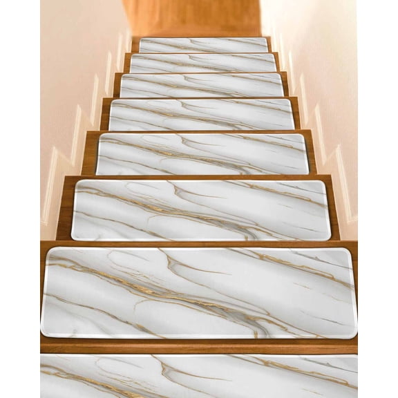 White Golden Marble Stair Treads for Wooden Steps Indoor Runner Rug Carpet, Modern Abstract Art Marble Crack 7 Pieces Peel and Stick Staircase Step Treads Covers Washable Throw Door Mats, 30"x8"